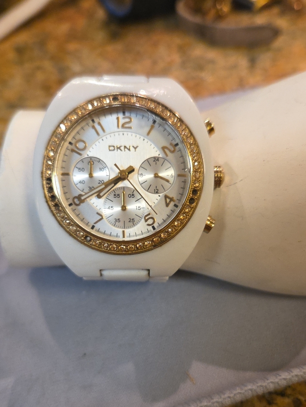 DKNY White and Gold Crystal-Trim Women's Chronograph Watch